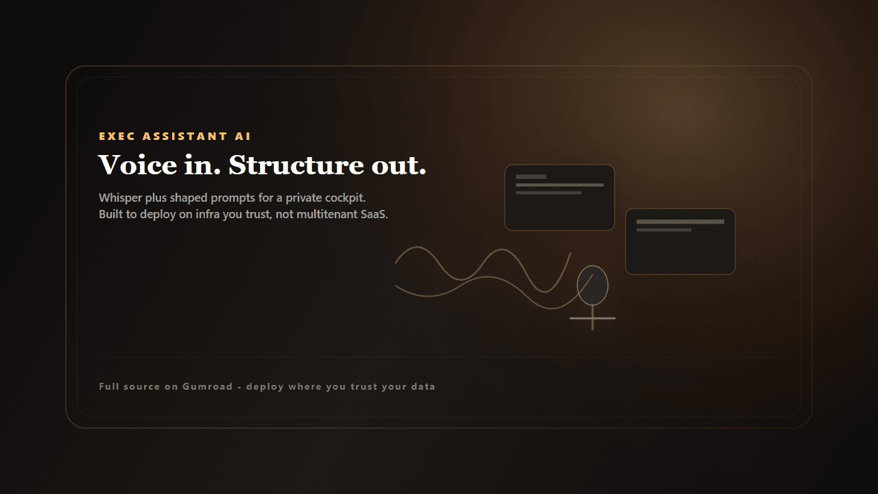 Exec Assistant AI — voice-enabled executive workflow shell, product preview card.