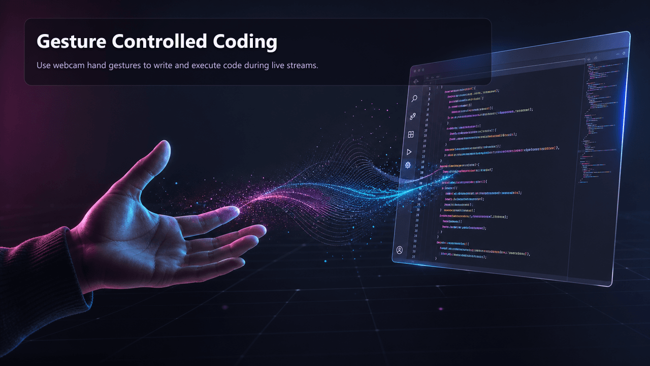 Gesture Controlled Coding — webcam hand control for a Monaco code editor, product preview.