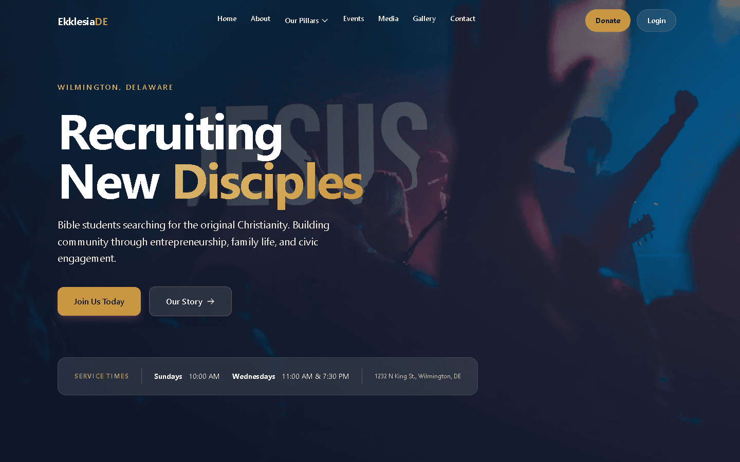 Ekklesia Delaware homepage with warm cinematic hero, gold typography, service times above fold, and three-pillar content architecture.